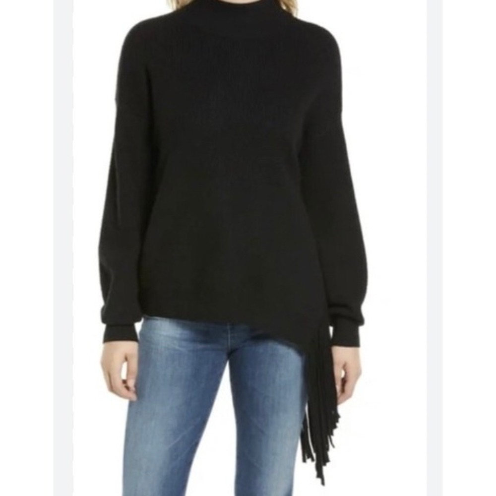 Western Boho Nordstrom Black Mock Neck Fringe Hem Asymmetrical Sweater SZ L